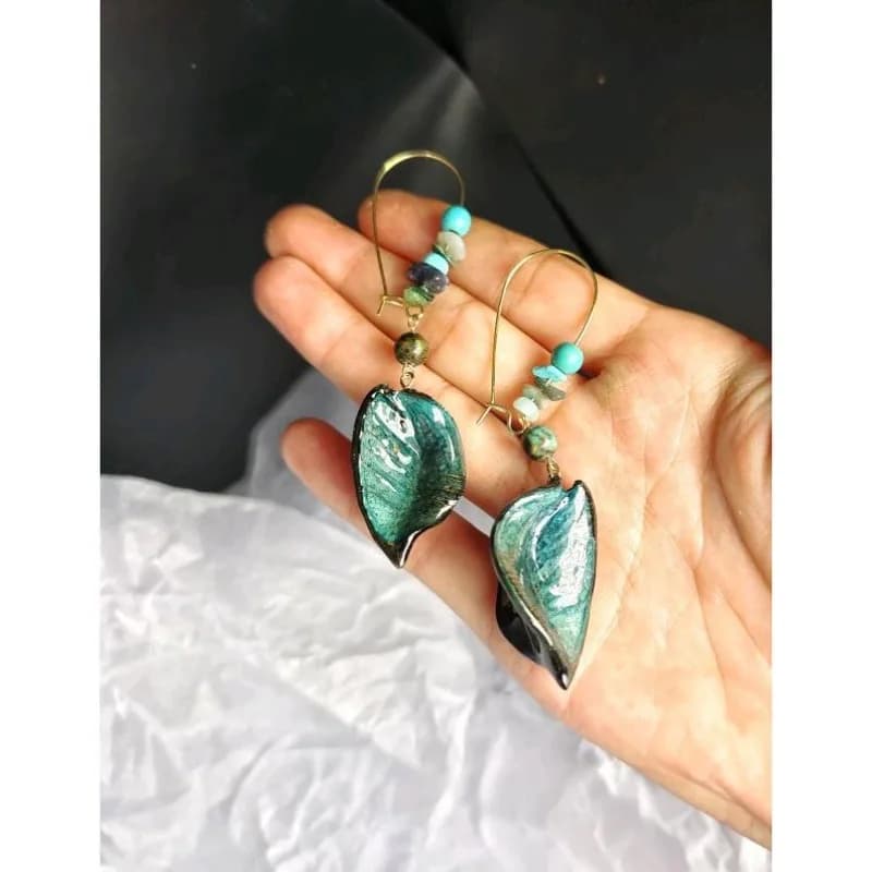 Retro Imitation Turquoise Plant Epoxy Cotton Shell Earrings Niche High Class Elegant Hooks Unique Retro Style Ear Accessories