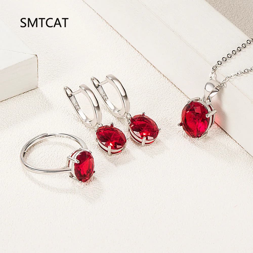 Ovale Granato Naturale Citrino Topazio Blu Smeraldo Collana in Argento Sterling 925 + Orecchino + Anello Set di Gioielli con Pietre Preziose Colorate per Le Donne