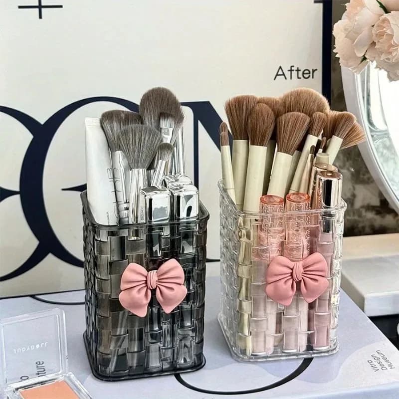 2pcs Transparent Acrylic Eyebrow Brush Storage Box with Bow - Cosmetic Organizer, Stationery Storage Box, Pen Holder and Case