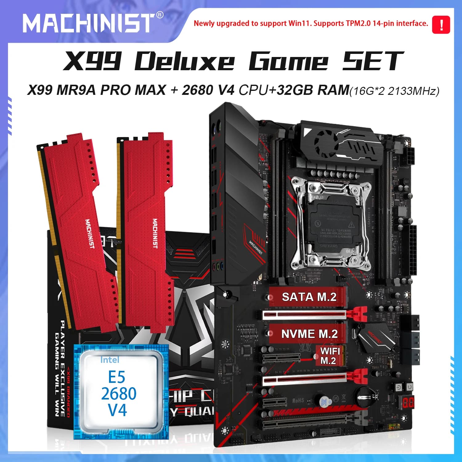 Scheda madre MACHINIST X99 MR9A PRO MAX con interfaccia TPM2.0, CPU Xeon E5 2680 V4, socket LGA 2011-3, set con kit di memoria DDR4 da 16 GB*2, USB 3.0