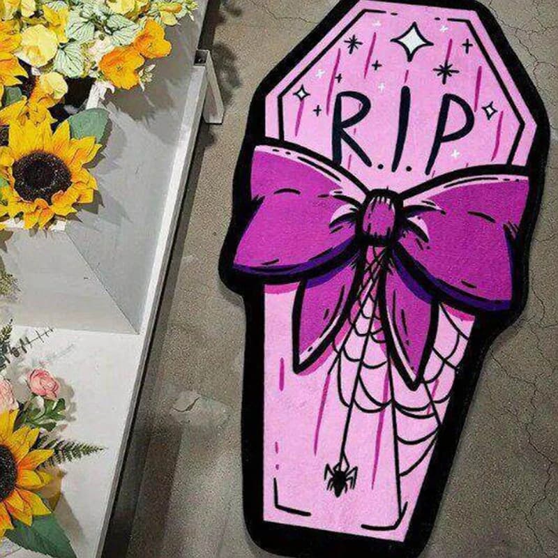 Pink Bow Coffin‑Shaped Rug RIP Spider Web Gothic Anti‑Slip Floor Mat Halloween Home Bedroom Entrance Decor Doormat