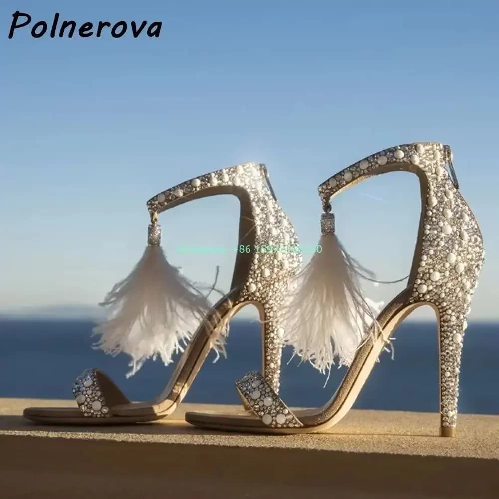 Sandali nudi con piume di cristallo Cinturino dritto con frange Tacchi sottili Scarpe con cerniera Scarpe da donna eleganti di lusso con tacco a spillo