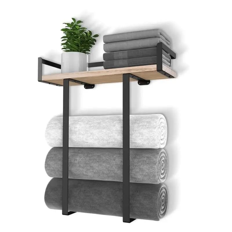 ABVG-For Folding Large Towels For Bathroom Wall Mounted Towel Racks With Wooden Shelf, Metal Towel Holder
