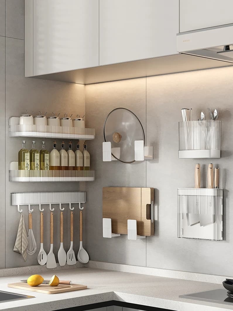 Scaffali da cucina personalizzabili, ganci da parete non perforanti, scaffali per condimenti, portacoltelli multifunzione