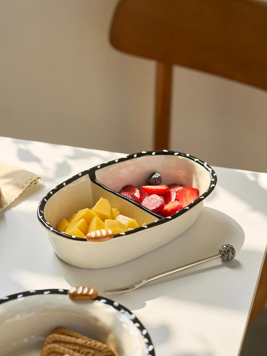 Ceramic Plate for Breakfast and Diet, Elliptical Shape, Handmade, for Domestic Use, with Salad Parts, for Adults