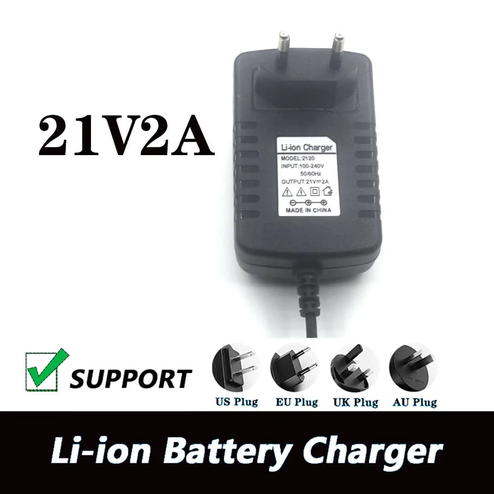 Caricabatterie DC 21V 2A per batterie al litio 18650, 18V 0.5A 1A 2A per pacchi batteria agli ioni di litio a 4 celle, 5.5mm x 2.1mm con clip