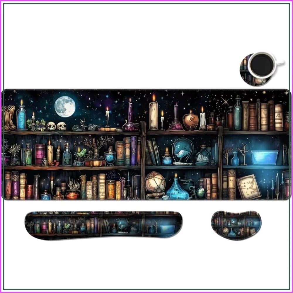Ergonomic Keyboard & Mouse Wrist Rest Set, XXL Extended Gaming Mouse Pad, Memory Foam Support, Non-Slip Base, Ultra-Thick Desk Mat, Enchanted Bookshelf Design