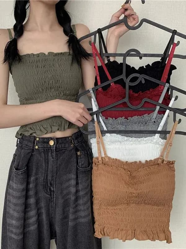 Canotta sexy con spalline pieghettate Canotta da donna con tubo piegato Crop Top Fasciatura Gilet ort Lunghezza Svel Colore Faionable