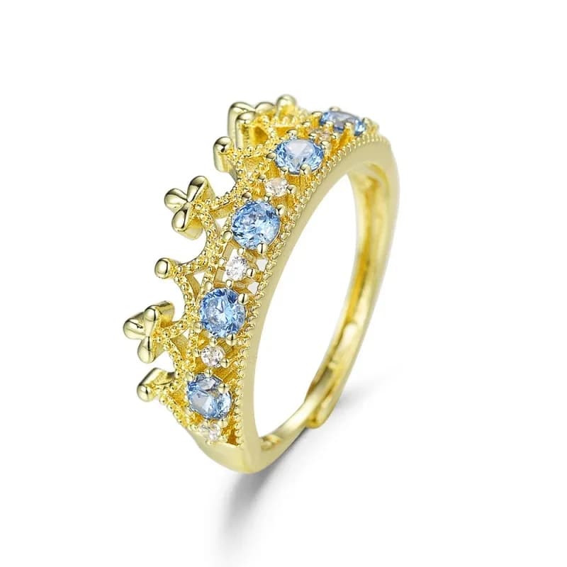 New Royal Half Band Crown Open Adjustable Ring Round Light Blue Topaz & CZ Milgrain Vintage Gold Plated Women Jewelry Gift