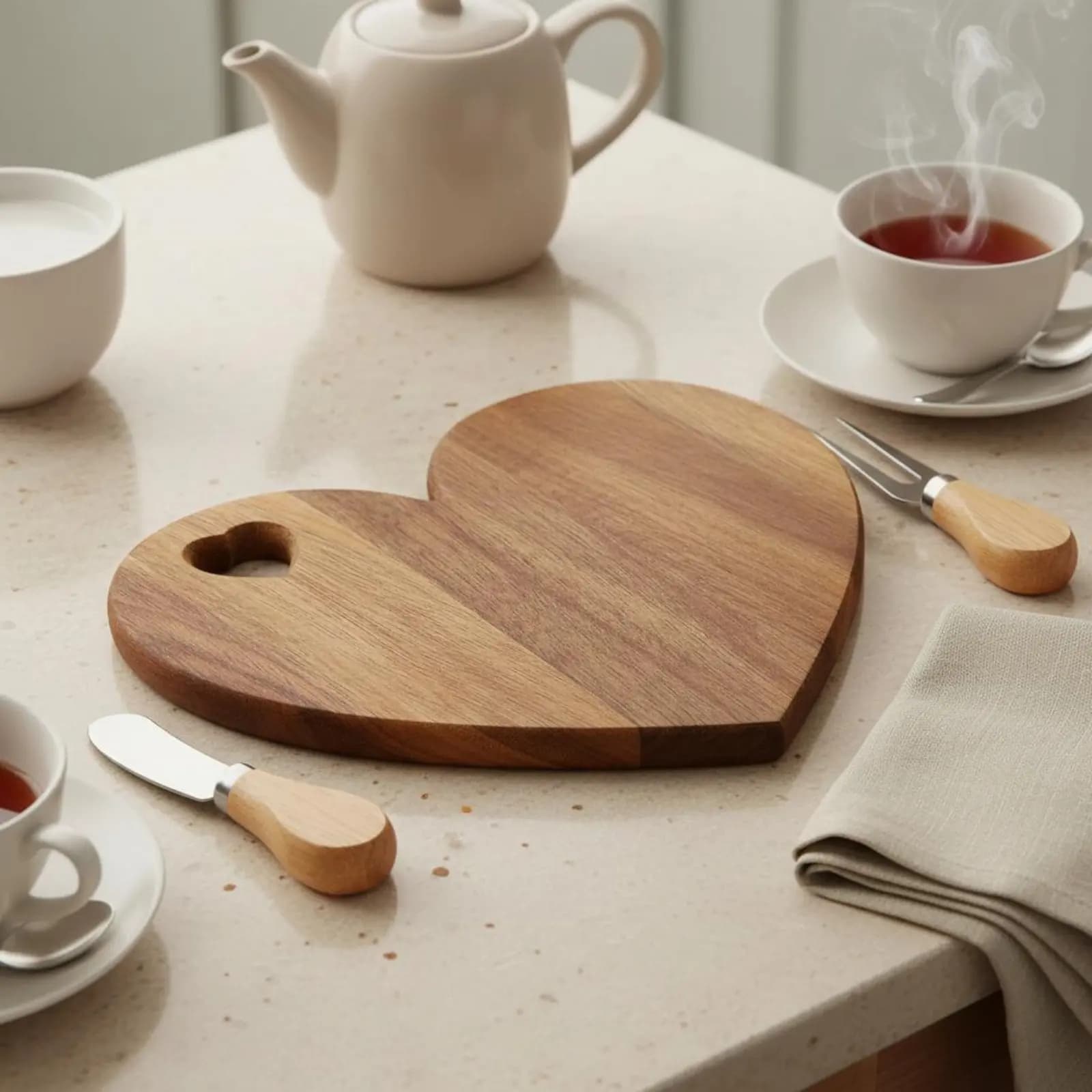 Set di Tagliere e Posate in Legno di Acacia, Aspetto Romantico, Tagliere a Cuore in Legno per Formaggi con Utensili, Articoli da Cucina
