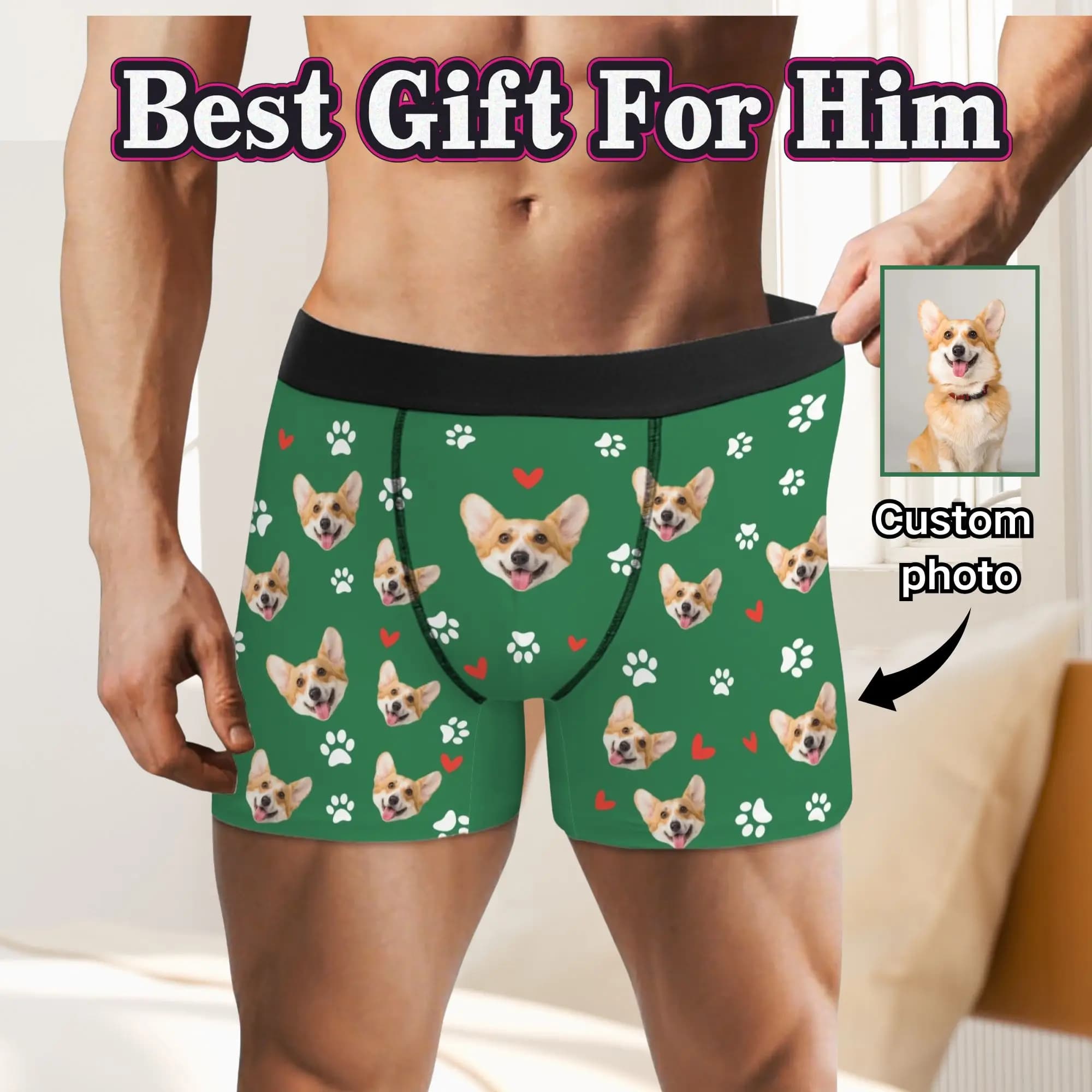 Personalized pet facial photos customized underwear flat cornered men's Holiday Fun gift for husband anniversary gift for fath