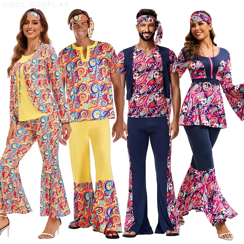 60s 70's Disco Costume for Women Men Couple Hippie Disco Cosplay Costume Fancy Dress Up for Adult Hippie Rock Disco Night Club