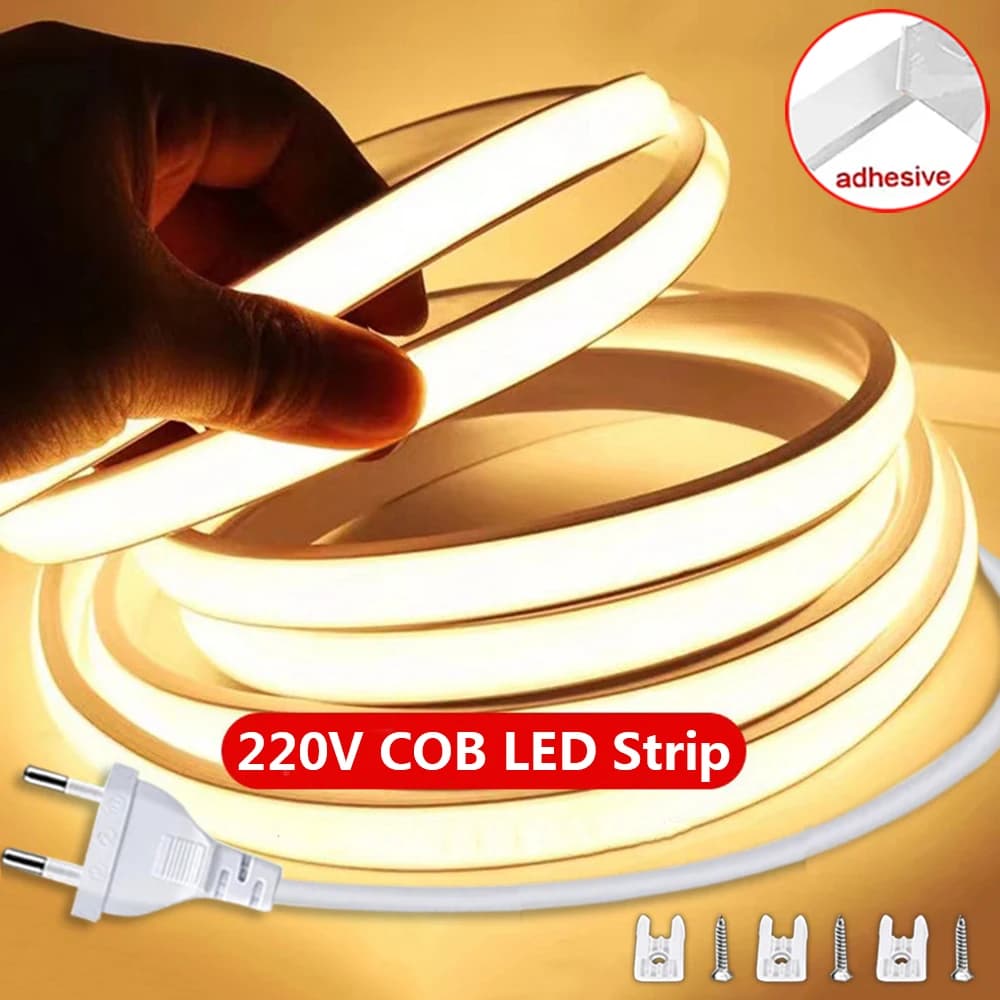 Nastro LED Cob 220V Striscia LED COB ad alta luminosità Nastro flessibile impermeabile 220V per camera da letto Cucina Illuminazione da giardino esterno