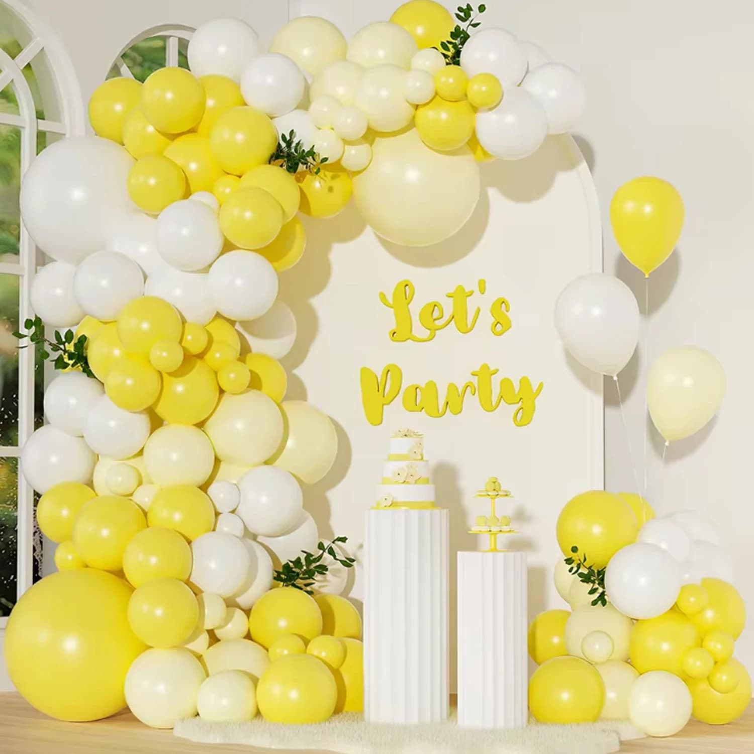 Set di 123 palloncini gialli e bianchi, adatti per matrimoni, compleanni, feste pop, addio al nubilato e addio al celibato