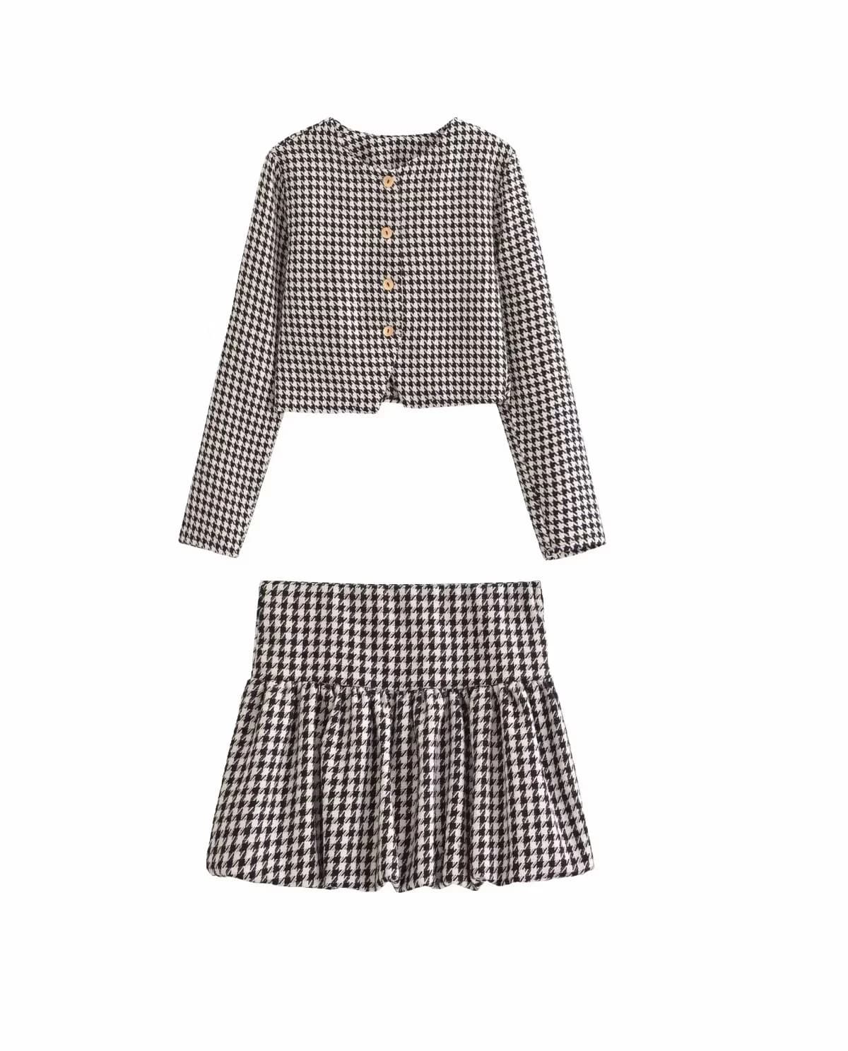 Abbigliamento da donna primaverile Pied de poule Temperamento semplice Giacca da pendolare girocollo a maniche lunghe Temperamento casual Gonna corta