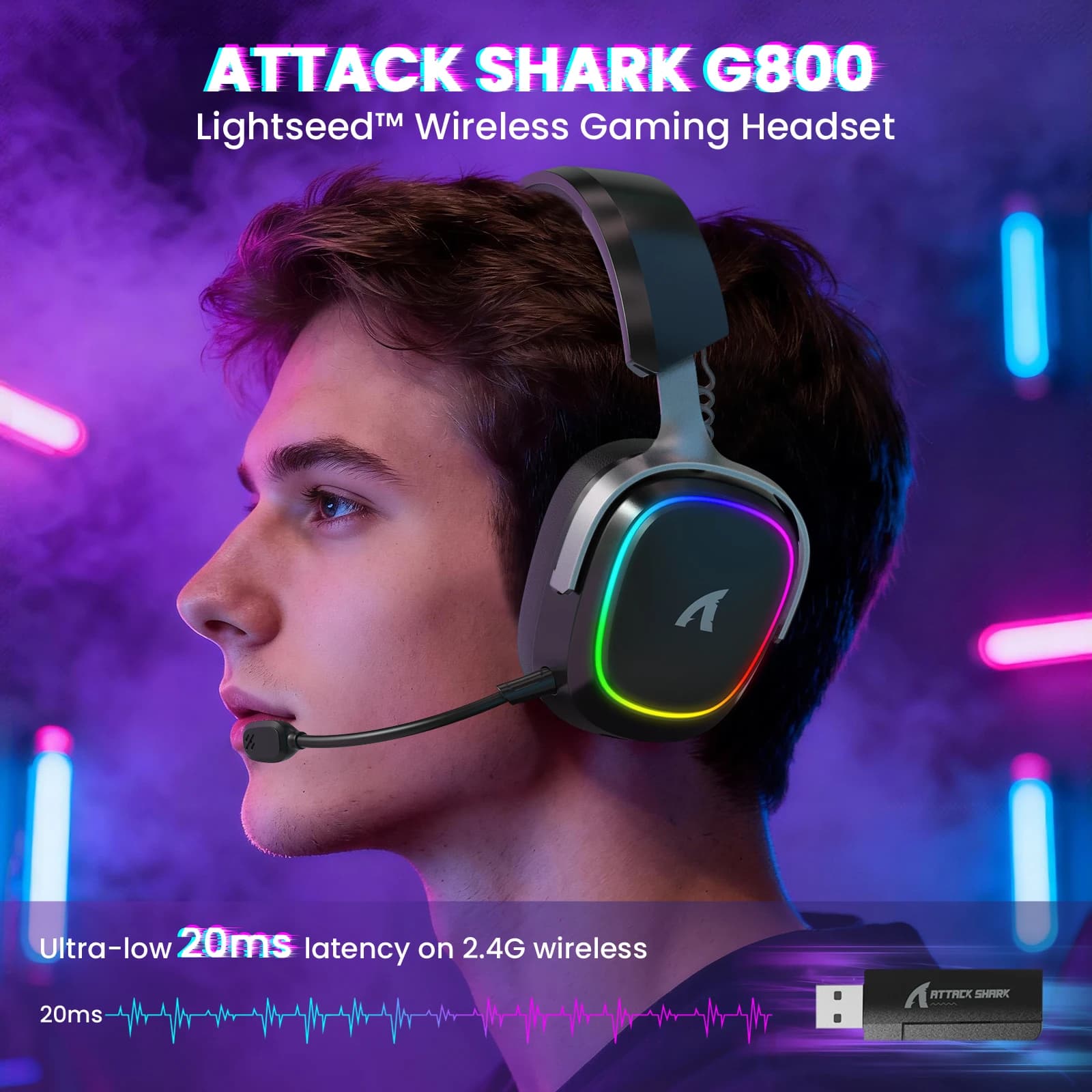 Cuffie da gioco wireless ATTACK SHARK G800, audio surround 3D, 1000mAh, microfoni rimovibili, telaio in lega di alluminio, bassa latenza di 20ms