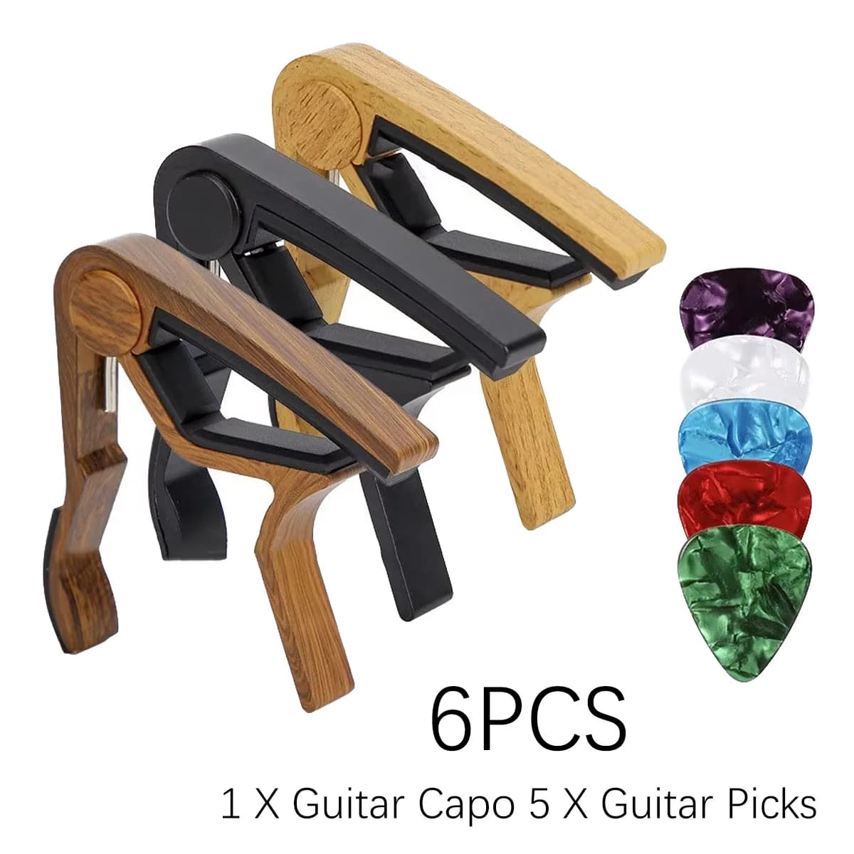 Miwayer 3-Color Guitar Capo Black Light Wood Dark Wood, Rosewood Finish Capo + 5 Picks for Acoustic Electric Guitar