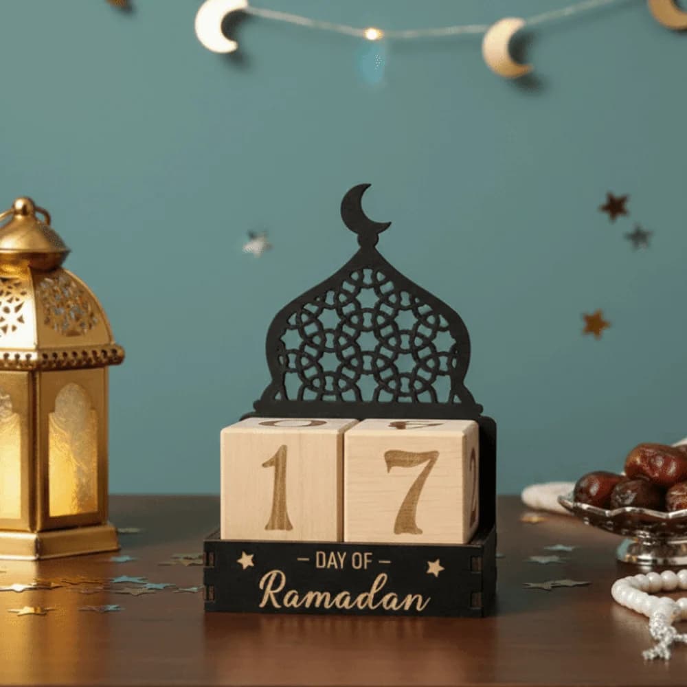 Calendario in Legno Eid Mubarak con Blocchi Regolabili, Calendario Decorativo per il Conto alla Rovescia del Ramadan, Calendario Eid Al-Fitr con Luna e Castello