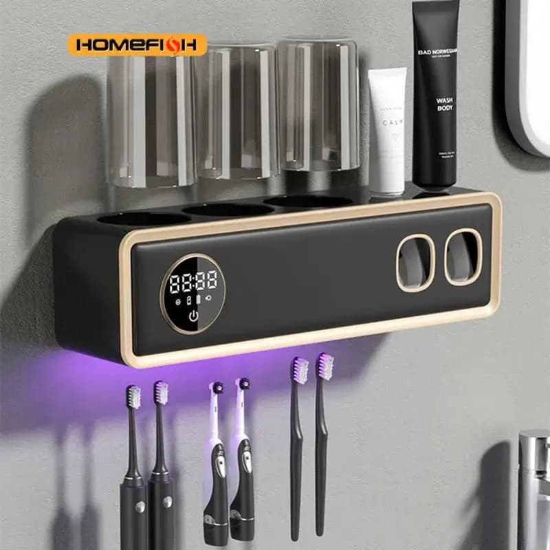 Portaspazzolino UV Sterilizzatore profondo Dentifricio Spremiagrumi Energia leggera Ricarica USB Asciugatura rapida Portaoggetti da bagno a parete