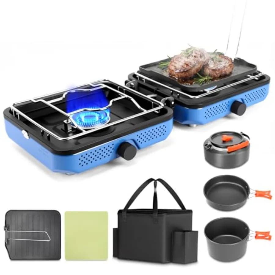 Fornello da Campeggio a 2 Fuochi a Propano 30000 BTU, Pieghevole e Portatile con Set di Pentole e Borsa per il Trasporto, per Cucina all'Aperto e Campeggio