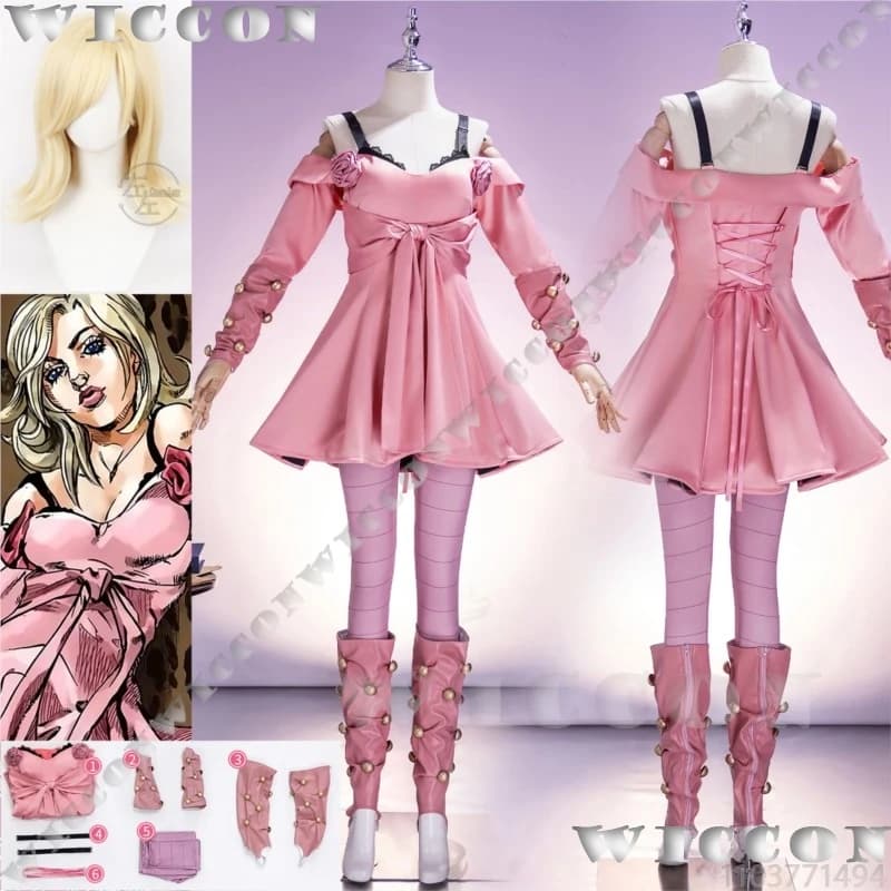 Costume Cosplay Lucy Steel Anime JO7 SBR, Abito Lolita American Sweethearts Rosa, Parrucca Bionda, Abbigliamento per Feste di Halloween per Ragazze e Donne