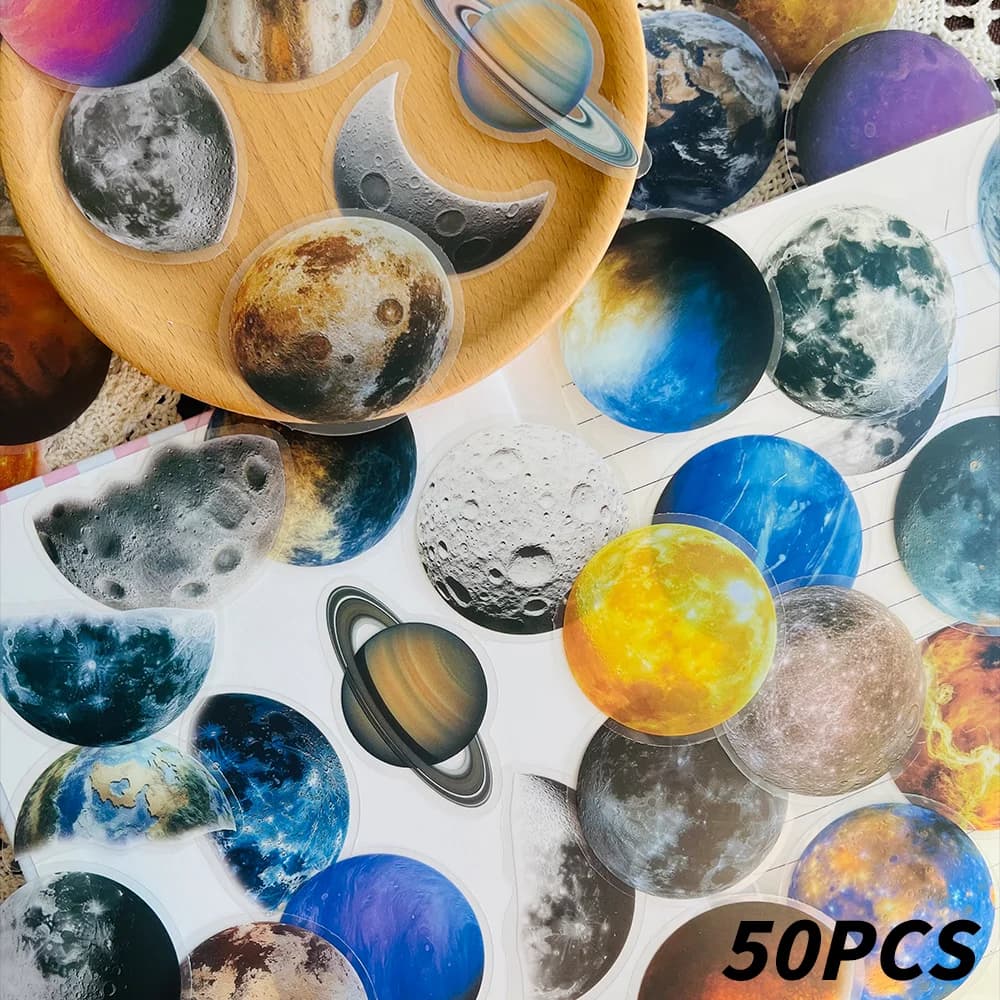 50 adesivi trasparenti Planet PET per quaderni, album di ritagli, diari e agende - Decalcomanie decorative per chitarra e casco