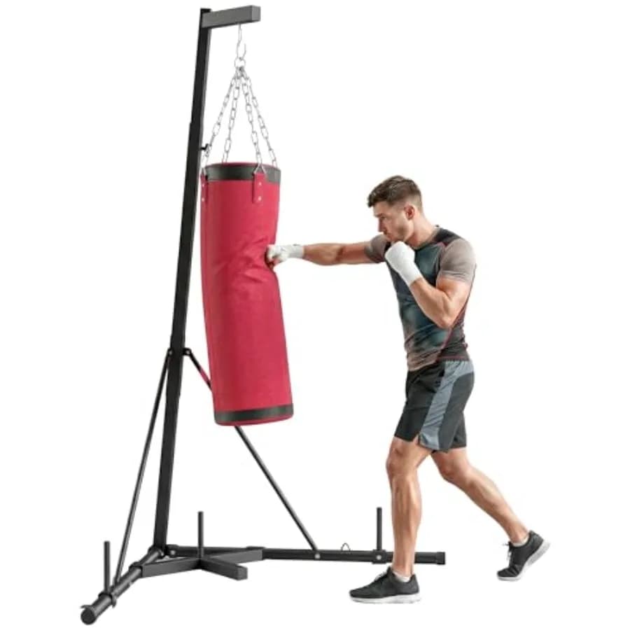 Sacco da boxe da casa con supporto per adulti: sacco in tela nero regolabile in altezza 72.8-90.9 cm, base triangolare stabile, 1 peso incluso