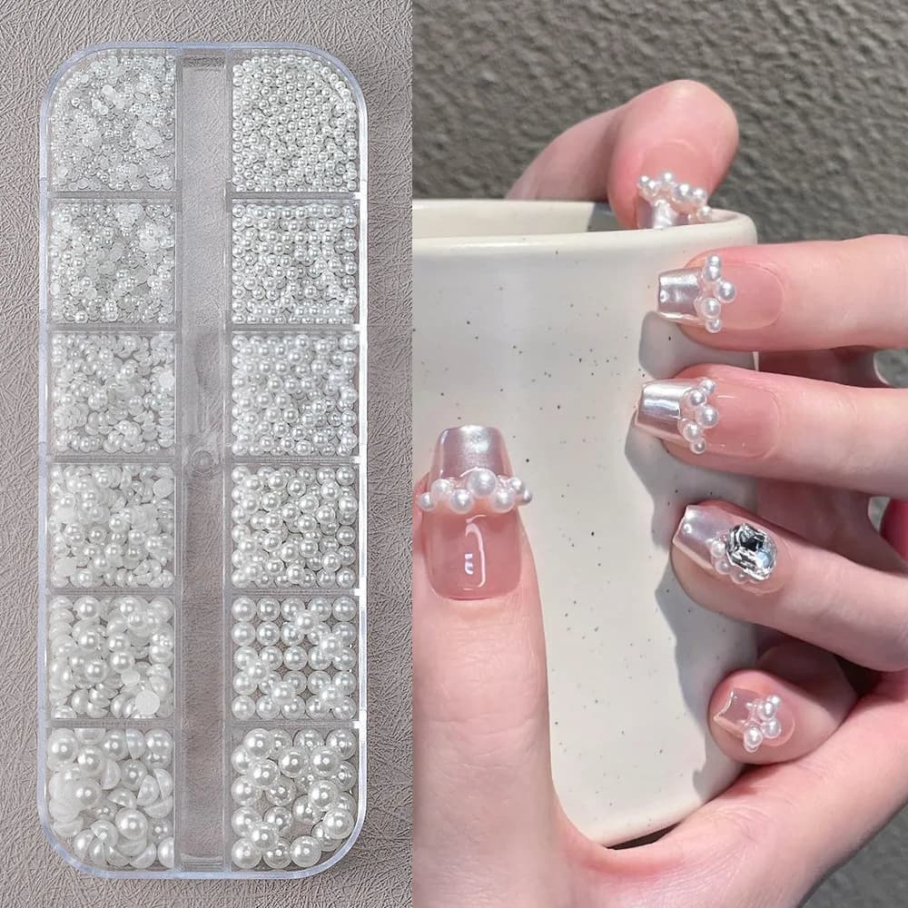 12 Grills 3D Mixed Beads White Pendants and Nail Pendants 0.15-0.5mm Round/Skewer Pearls Artistic Nails Strass Accessories for Hands FAI FROM TE