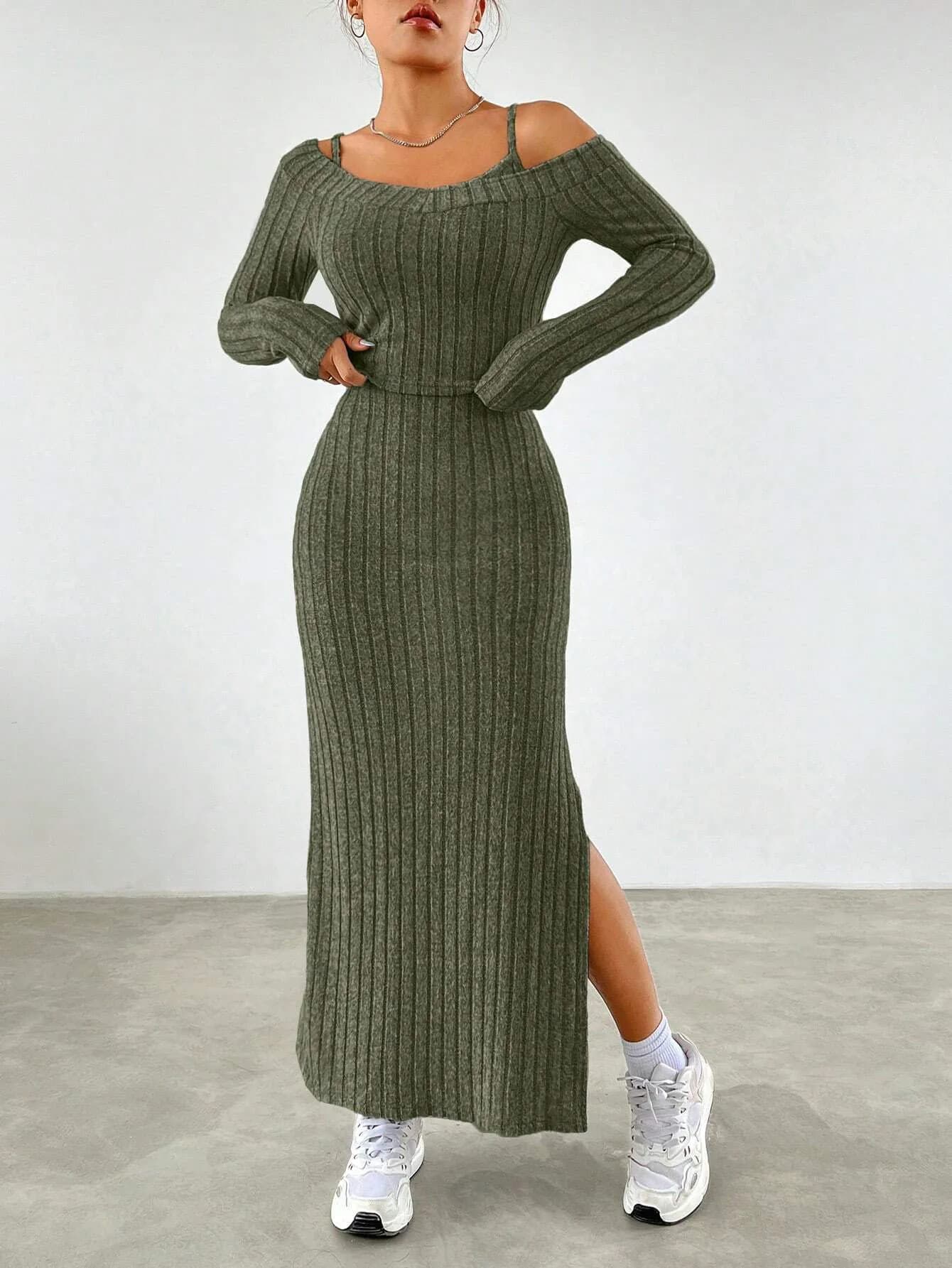 2026 Autumn Winter Women's 2 Piece Set Elegant Commuter Style Sling Dress Minimalist Fashion Matching Outfit