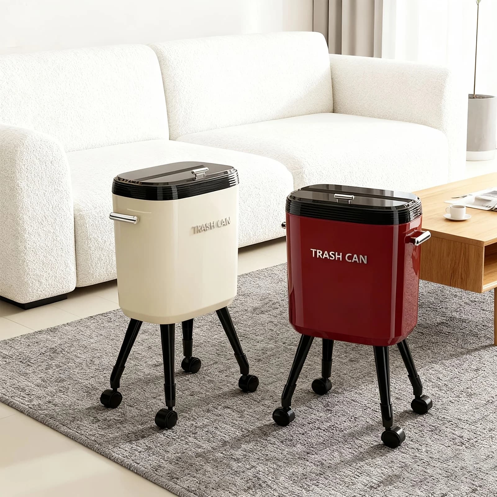 Upright Striped High Leg Waste Basket with Rolling Casters, Airtight Flip Top Kitchen Trash Bin
