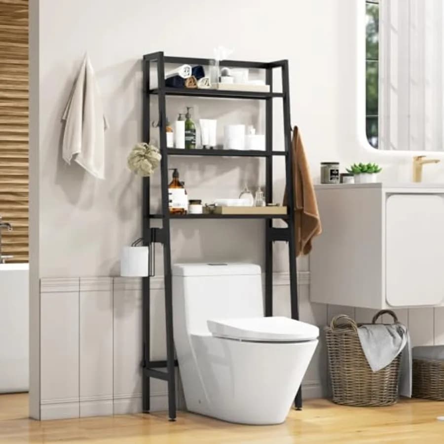 Scaffale portaoggetti da bagno a 3 livelli, autoportante, da posizionare sopra il WC, con 2 ganci e porta carta igienica, multifunzionale