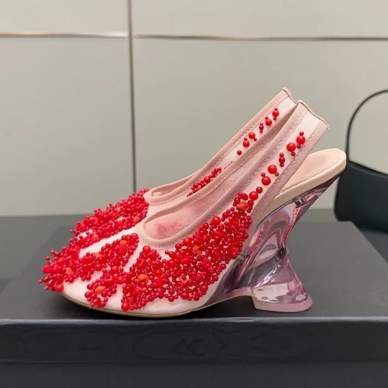 New Mesh Closed Toe String Bead Decor Sandals Women's Transparent Wedges Sandalias Summer Dress Shoes Fashion Runway Shoes