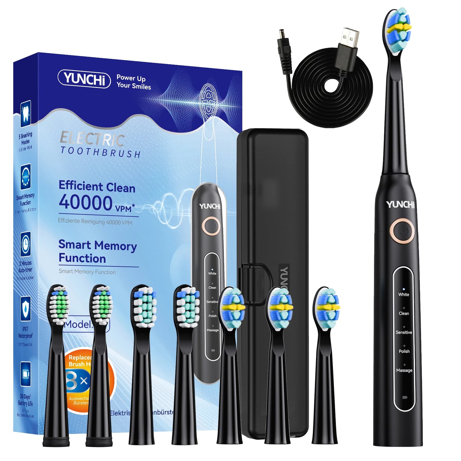 YUNCHi Y5 Rechargeable Sonic Brush Smart Timer 5 Mode Adult Electric Brushes Children 8 heads 1 travel box
