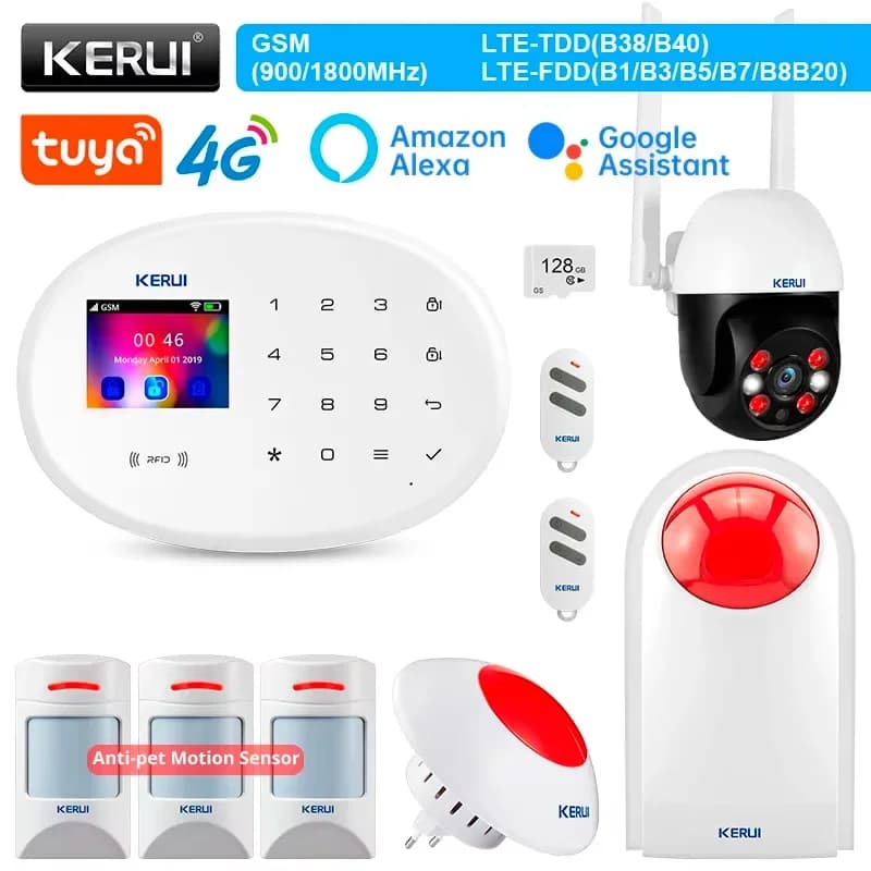 KERUI 4G WIFI GSM Sistema di Allarme Domestico Tuya Allarme di Sicurezza Intelligente Alexa Elettrodomestico Con Rilevatore di Movimento Sensore Porta Sirena W204
