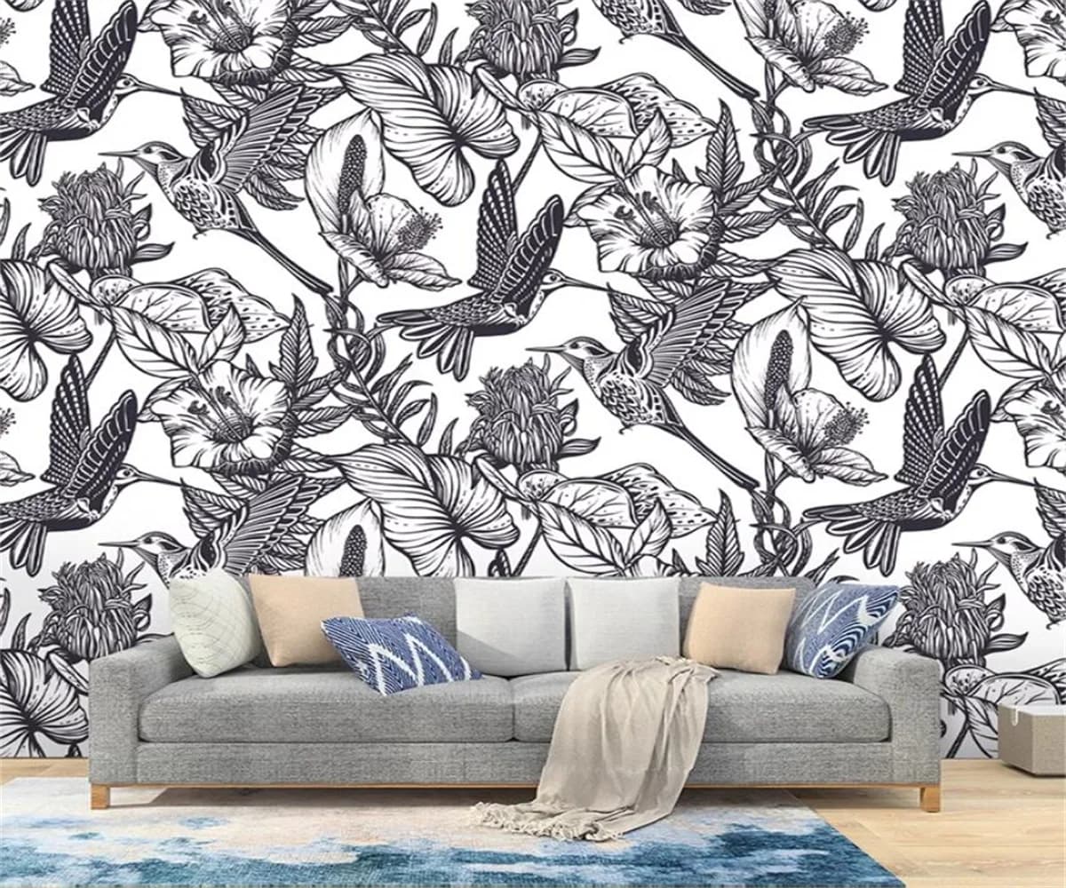 Carta da parati personalizzata vintage in bianco e nero con fiori e uccelli, sfondo per camera da letto, carta da parati decorativa per camera da letto, hotel, studio