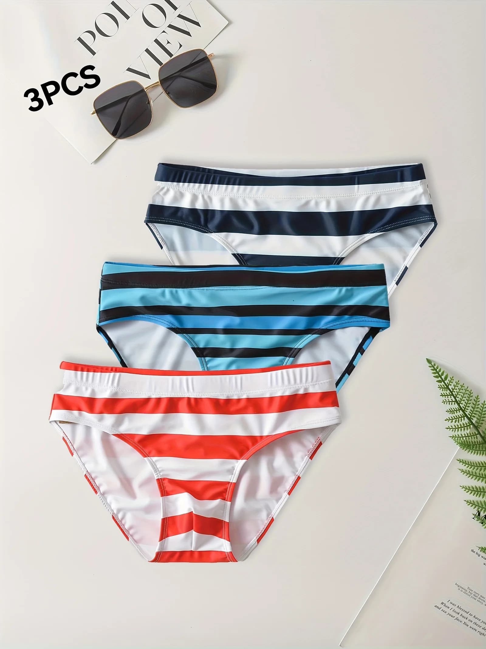 Three Pieces, Men's Striped Drawstring Briefs, Men's Swimwear, Summer Beach Swimming Shorts
