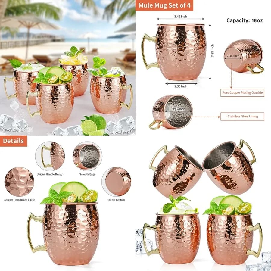 Set di 4 tazze Moscow Mule, bicchieri martellati con rivestimento in acciaio inossidabile 304 e manici in ottone dorato, per bevande fredde, birra, vino, B