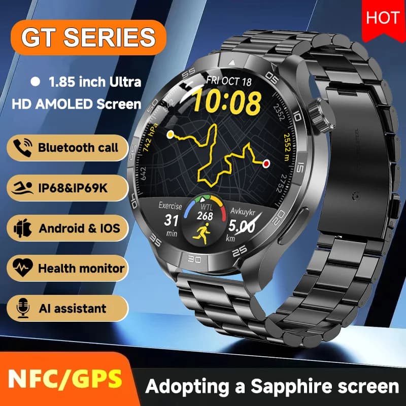 New Sporty GPS Smartwatch 2026 for Men and Women with Compass, 1.85'''' AMOLED HD Screen, Waterproof IP68, Cardiofrequencymeter, Calls, NFC Smart Bracelet