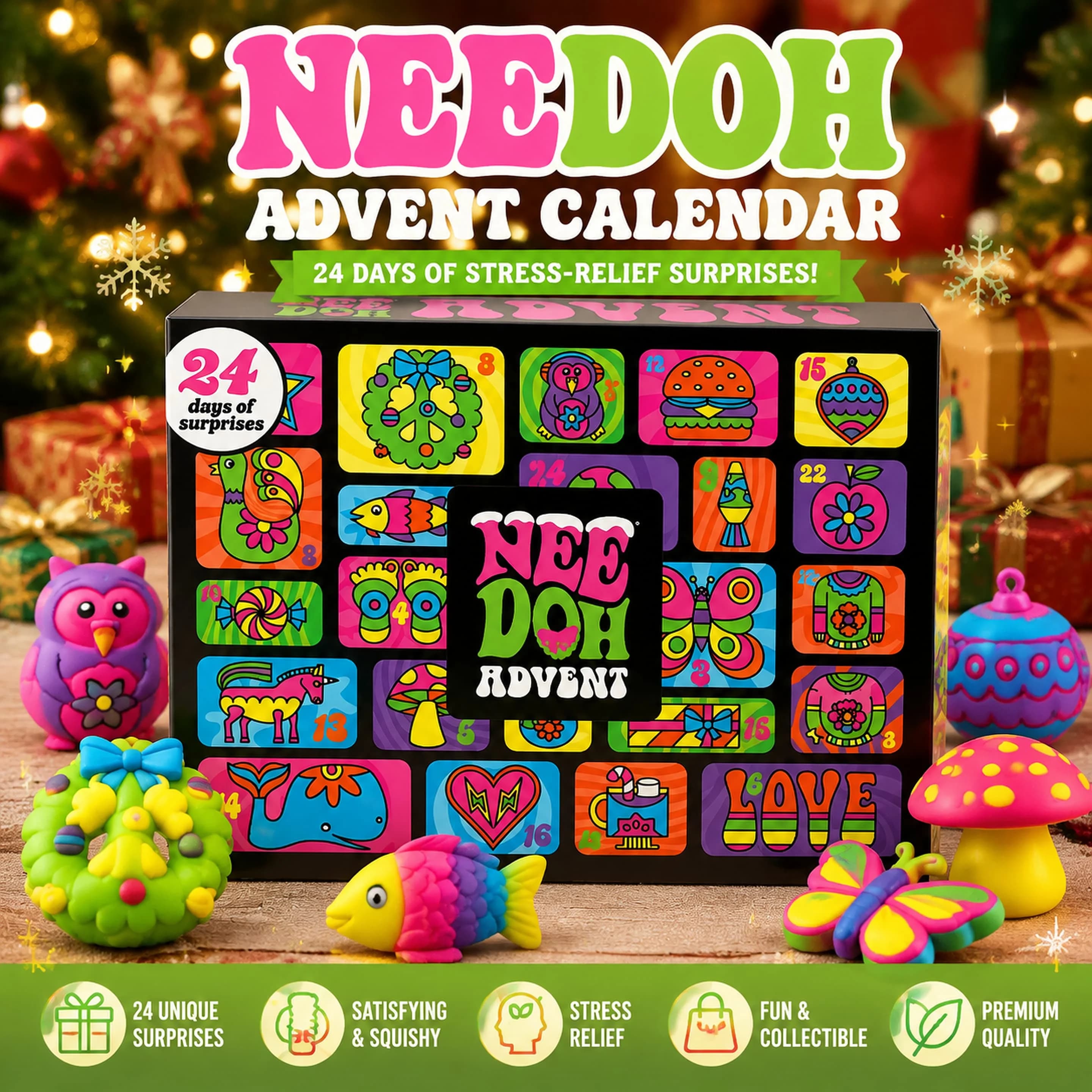 2026 NeeDoh Advent Calendar, 13/24 Day 3D PVC Countdown, Christmas New Year Surprise Stress Fidget Gift