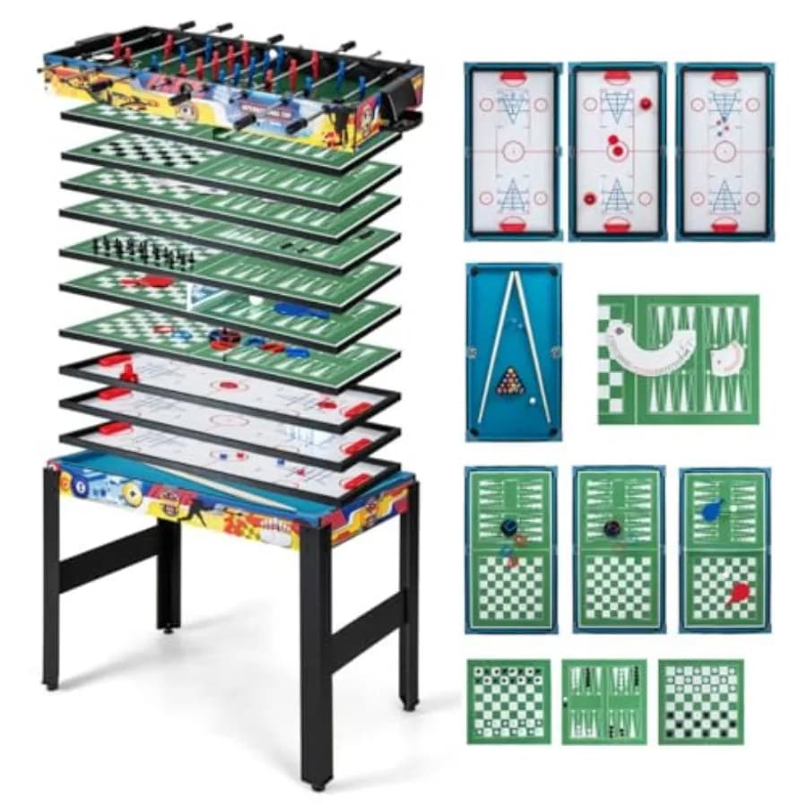 Tavolo da Gioco Multifunzione 12-in-1 con Calcio Balilla, Biliardo, Ping Pong, Hockey, Scacchi, Dama e Giochi Arcade per Famiglie