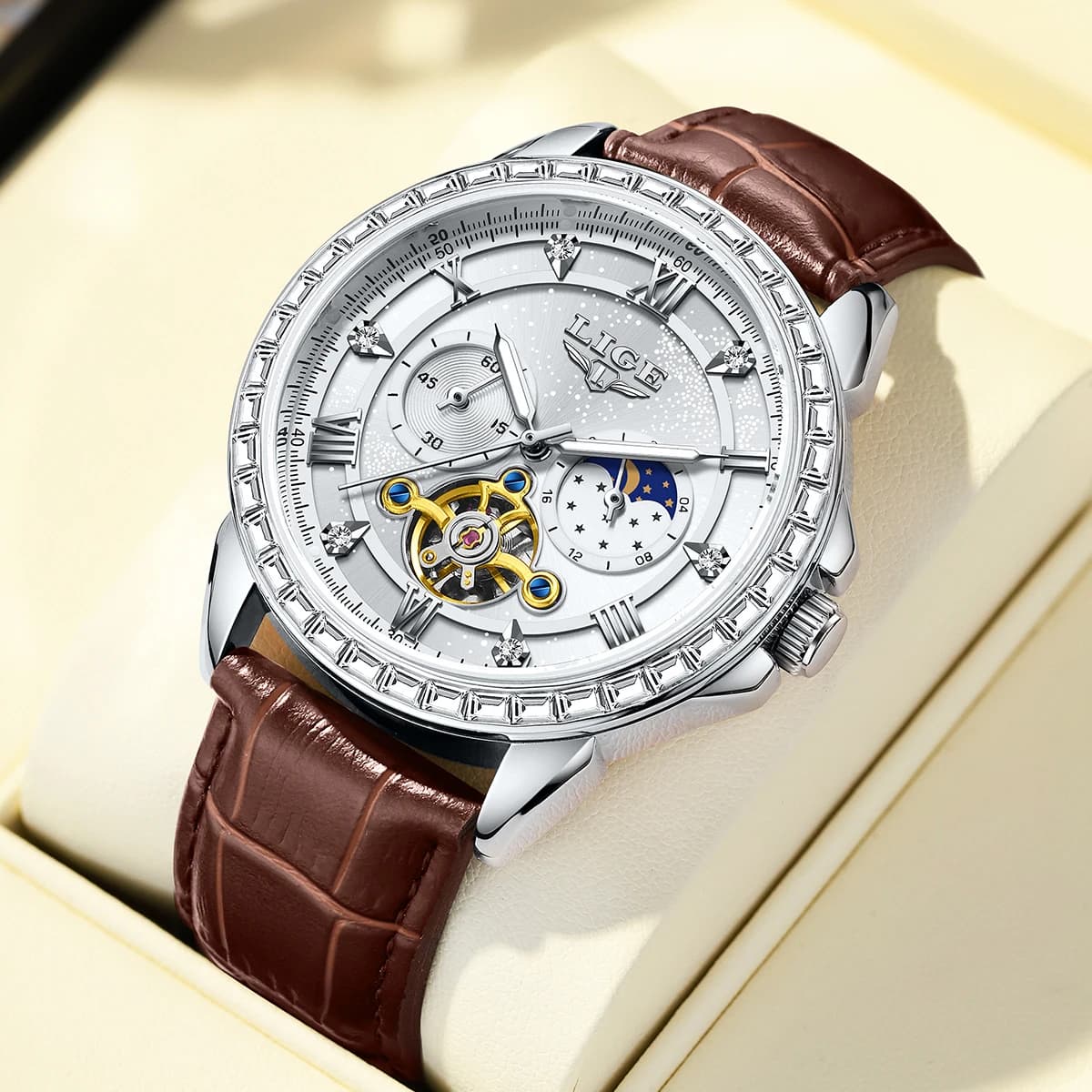 LIGE Automatic watch with large dial with diamonds and moon phases for men and women, pair, high-end luxury waterproof mechanical wristwatch