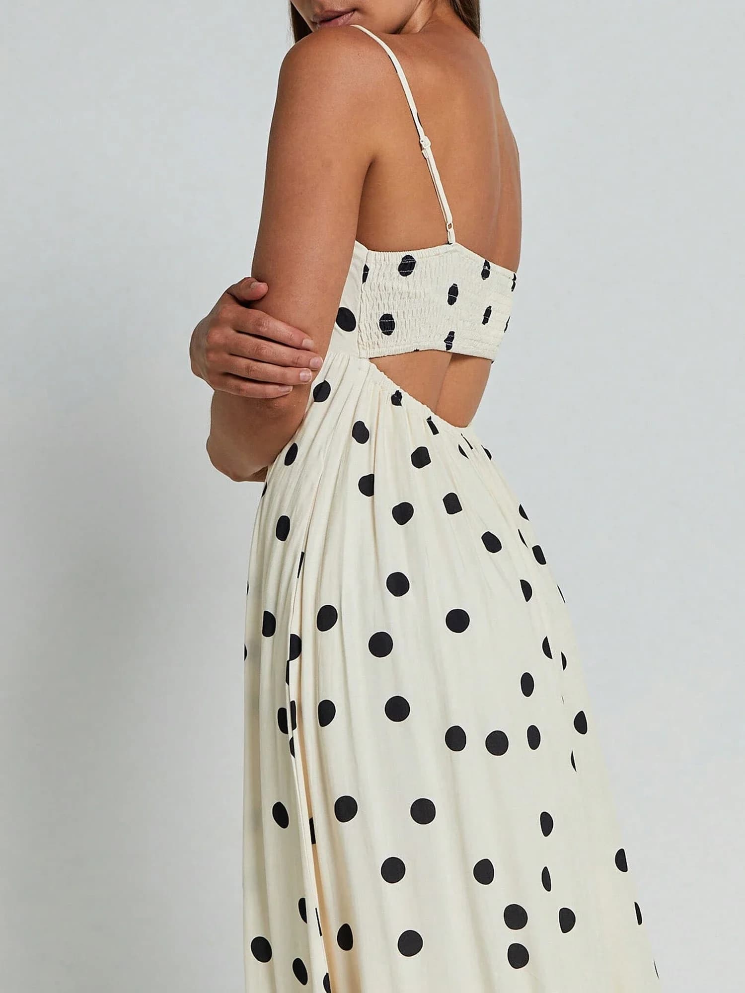 Abito lungo estivo da donna con spalline sottili, a pois, senza schienale, senza maniche, fluido, casual, da spiaggia