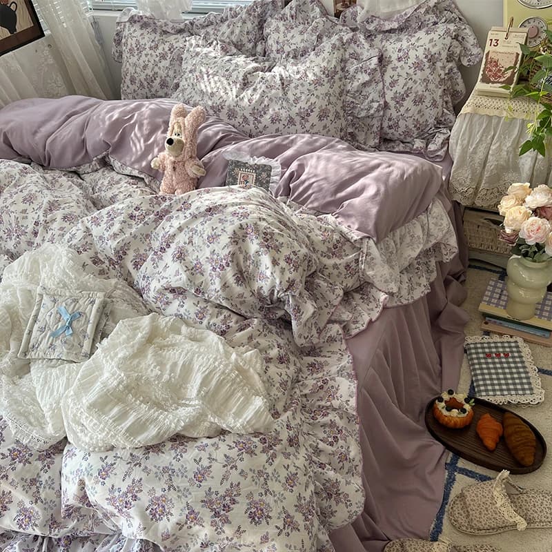 3/4 pcs set bed linen with volant floral style korean princess set soft duvet on the skin sheet or skirts pillowcase bed