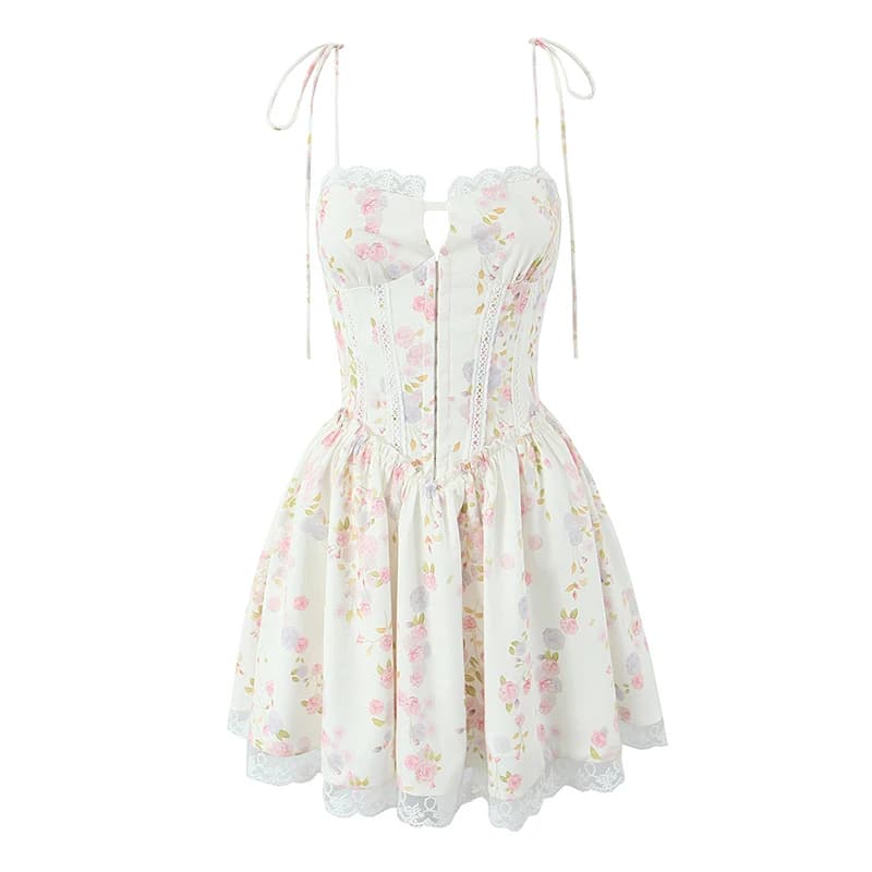 YENKYE Sexy Elegant Women Lace Patchwork Floral Print Sling Mini Dress Low Waist A-line Summer Holiday Party Dresses Pretty Robe