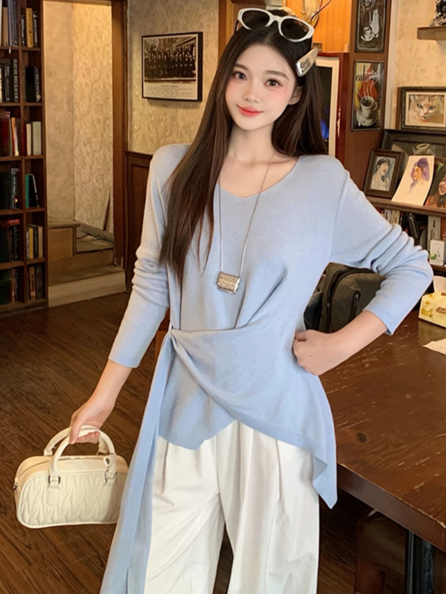 Korean Style V-Neck Long Sleeve Knitted Base Shirt Women's Spring Autumn plus Size Fluffy Belt Asymmetrical Slimming Top