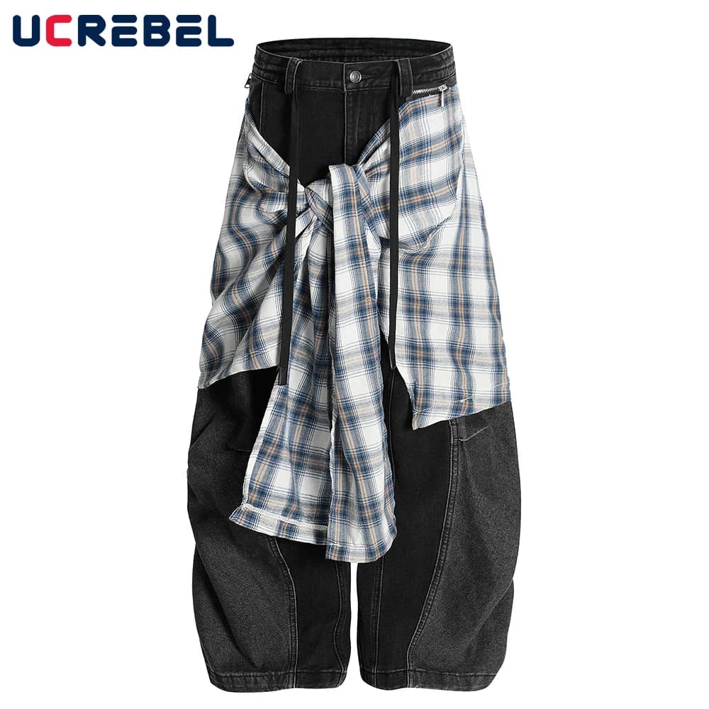 Falsi jeans a banana patchwork rimovibili in due pezzi Pantaloni hip-hop da uomo Y2K impiombati larghi a gamba larga lavati in denim 3D ARC effetto consumato