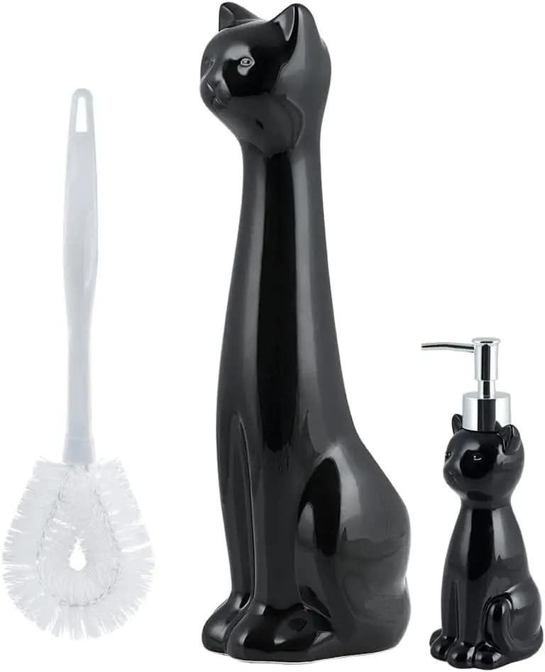 Set di 3 Pezzi: Portascopino WC in Ceramica Nera con Scopino in Plastica Bianca e Dispenser di Sapone