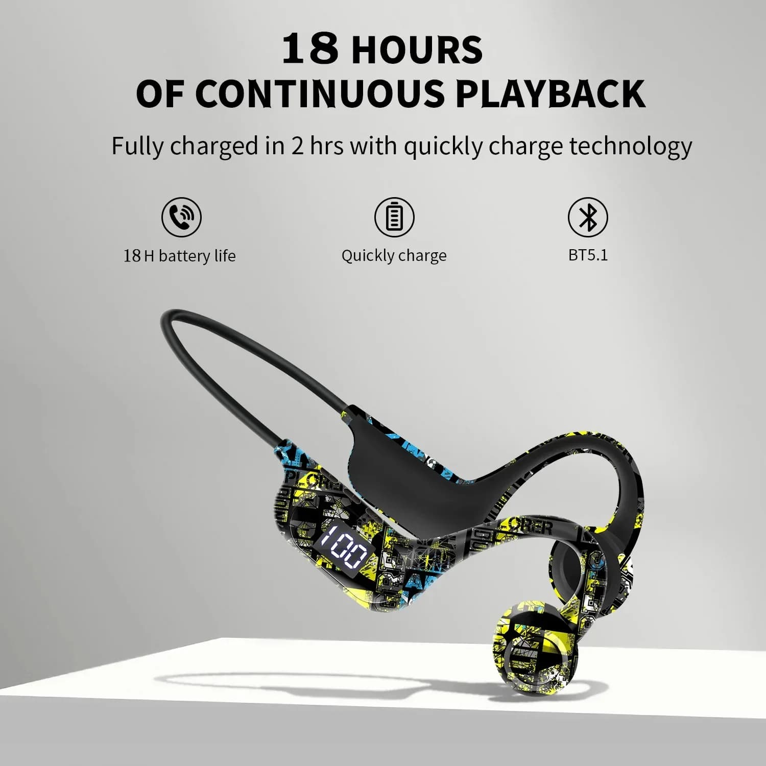 Auricolari Bluetooth senza fili con fascia da collo a conduzione ossea in stile Graffiti creativo Supporto stereo Auricolari con scheda TF per musica sportiva
