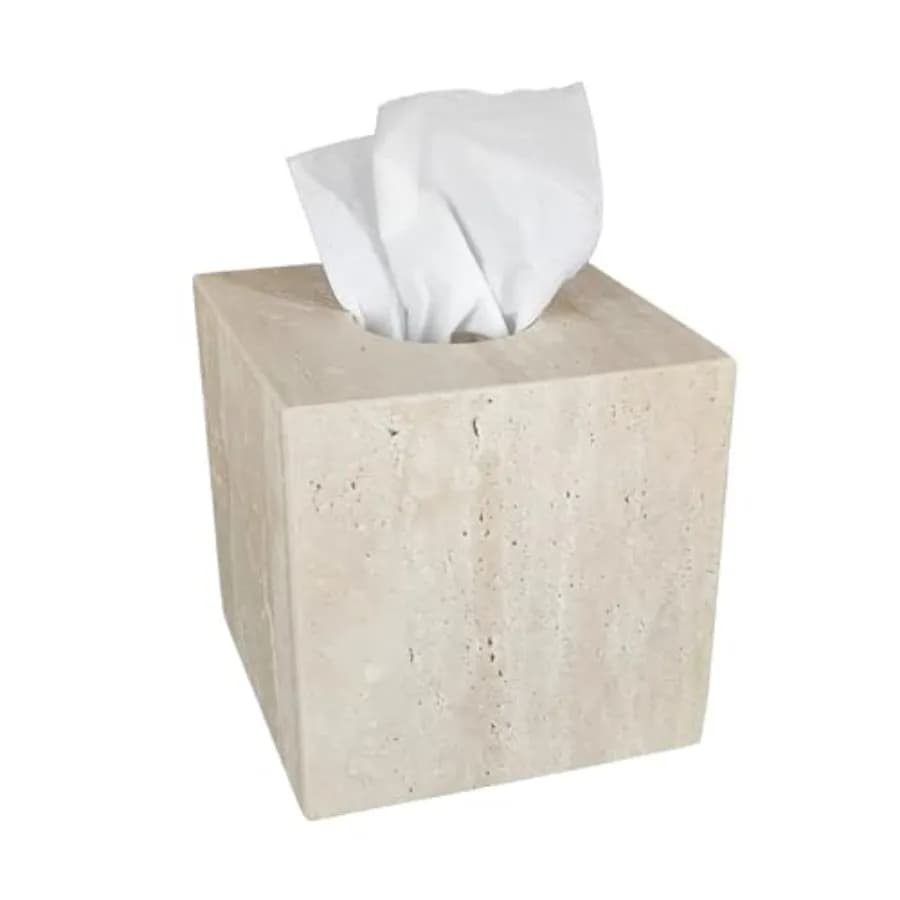 Natural Travertine Marble Tissue Box Cover, Stone Square Pumping Paper, Roll Toilet Paper Holder for Living Room, Bathroom, Kit