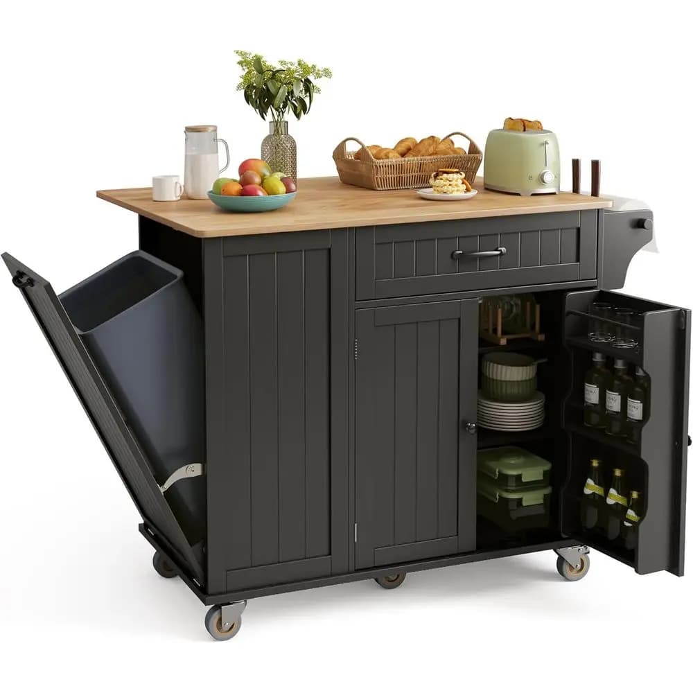 Isola da Cucina 44.49 con Contenitore per Rifiuti, Piano Ribaltabile, Top in Legno di Gomma, Ripiani Regolabili, Portasciugamani, Portaspezie, Nero